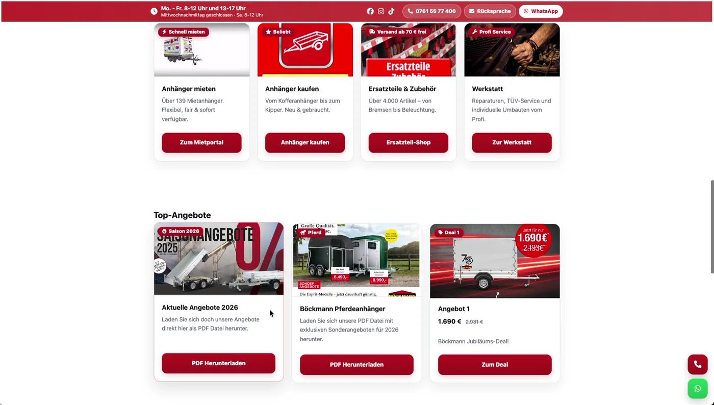 Vier Karten nebeneinander: Anhänger mieten, kaufen, Ersatzteile, Werkstatt