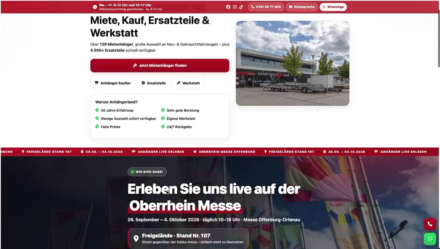Messehinweis auf der Startseite mit Laufband, Standnummer und Countdown