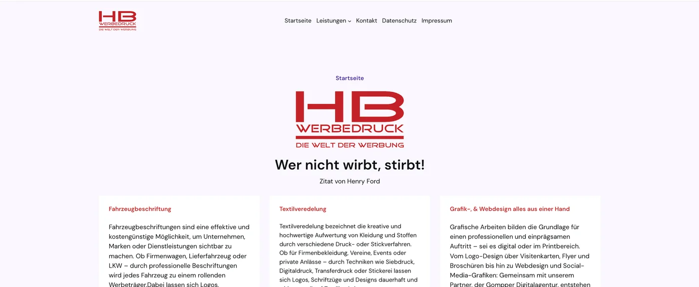 Startseite der Website von HB Werbedruck