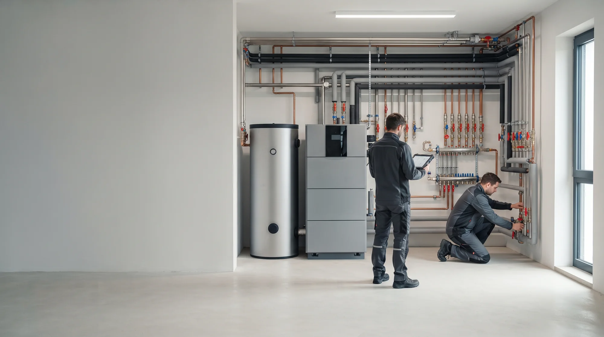 Moderne Heizzentrale mit Wärmepumpe und blank verlegter Rohrleitung, davor zwei Monteure bei der Arbeit