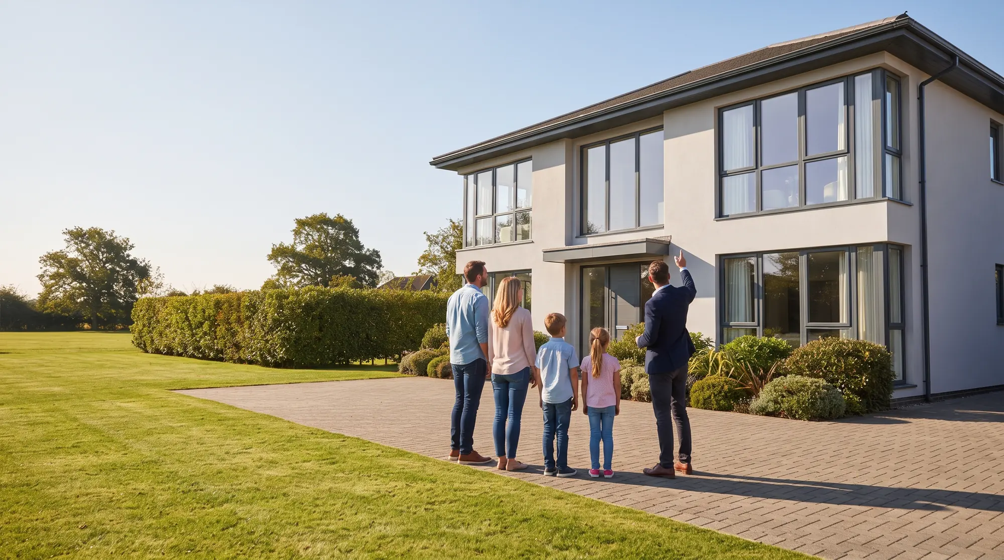Makler zeigt einer Familie ein modernes Einfamilienhaus bei der Besichtigung