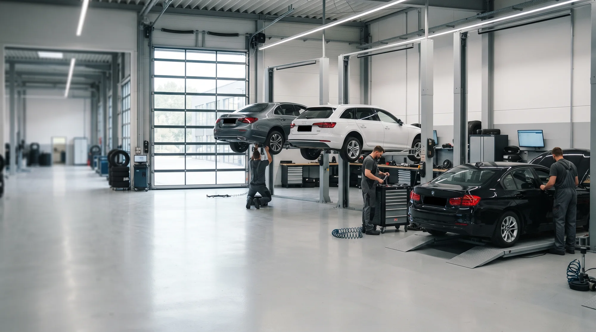 Kfz-Werkstatt im Betrieb: drei Hebebühnen mit aufgebockten Fahrzeugen, Mechaniker bei der Arbeit