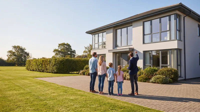 Makler zeigt einer Familie ein Einfamilienhaus