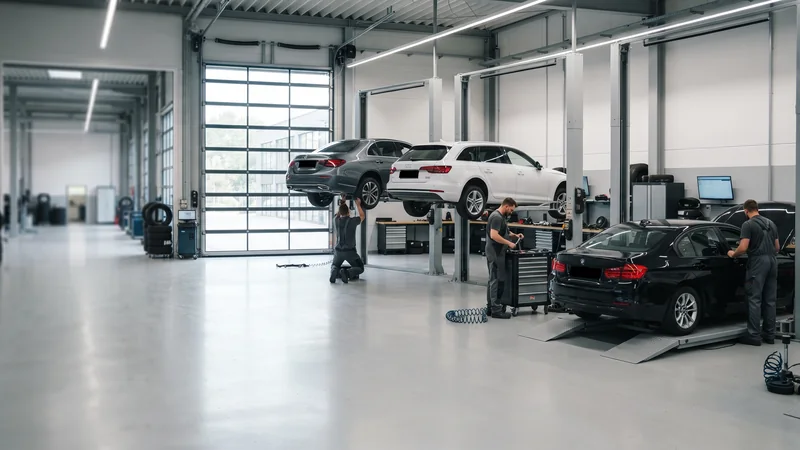 Kfz-Werkstatt im Betrieb mit mehreren Hebebühnen
