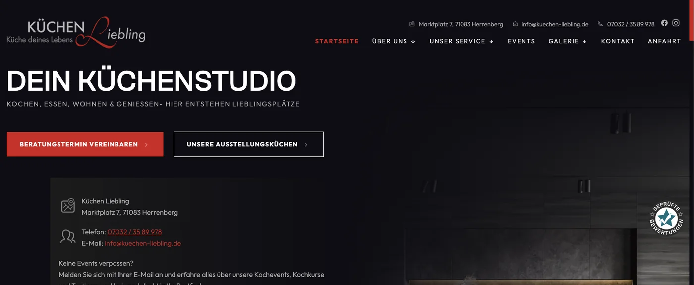 Startseite des K&uuml;chenstudios mit Beratungstermin und Ausstellung als zwei Schaltfl&auml;chen