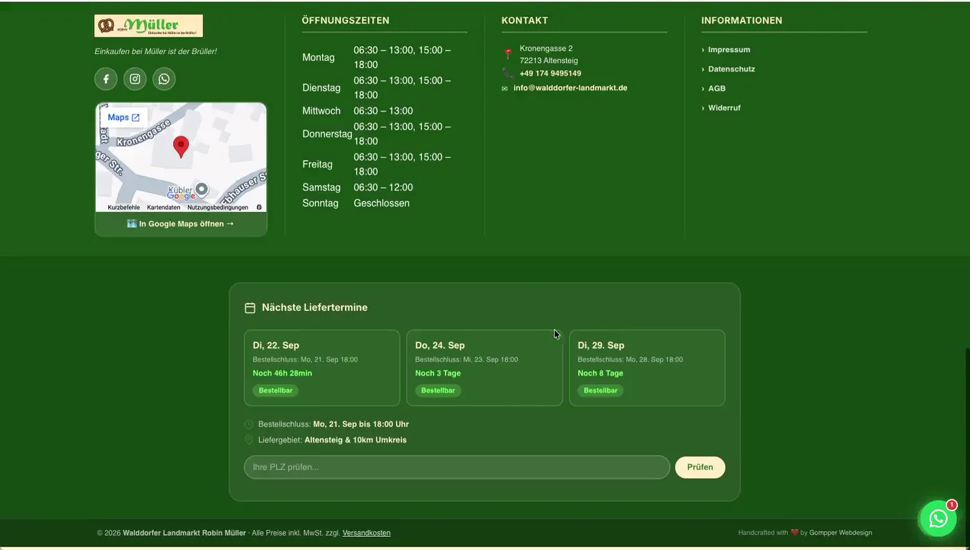 Lieferkalender mit den nächsten Ausfahrtagen und Feld zur Prüfung des Liefergebiets