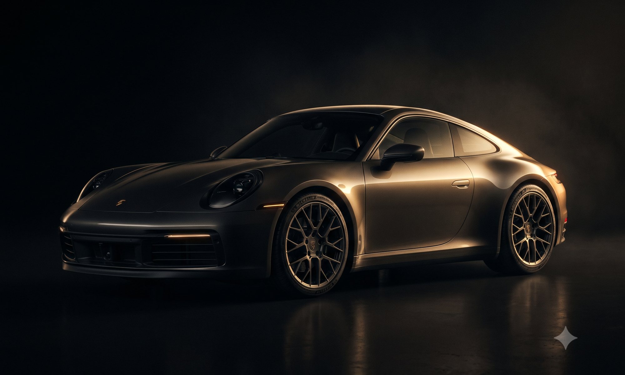 Silbergrauer Porsche 911 im Studiolicht vor dunklem Hintergrund