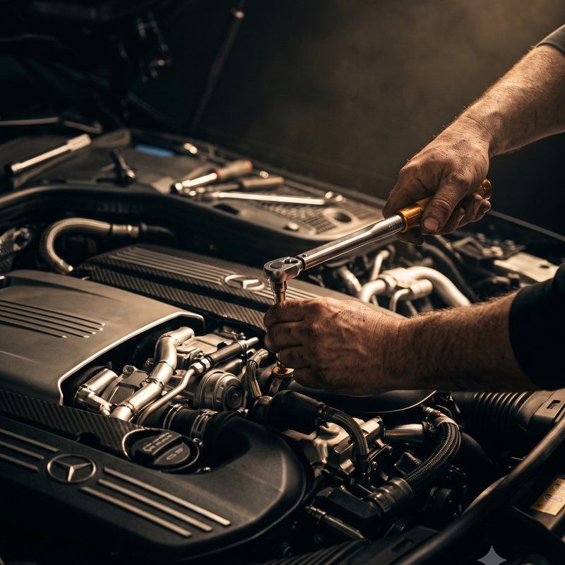 Mechaniker arbeitet am Mercedes-Motor