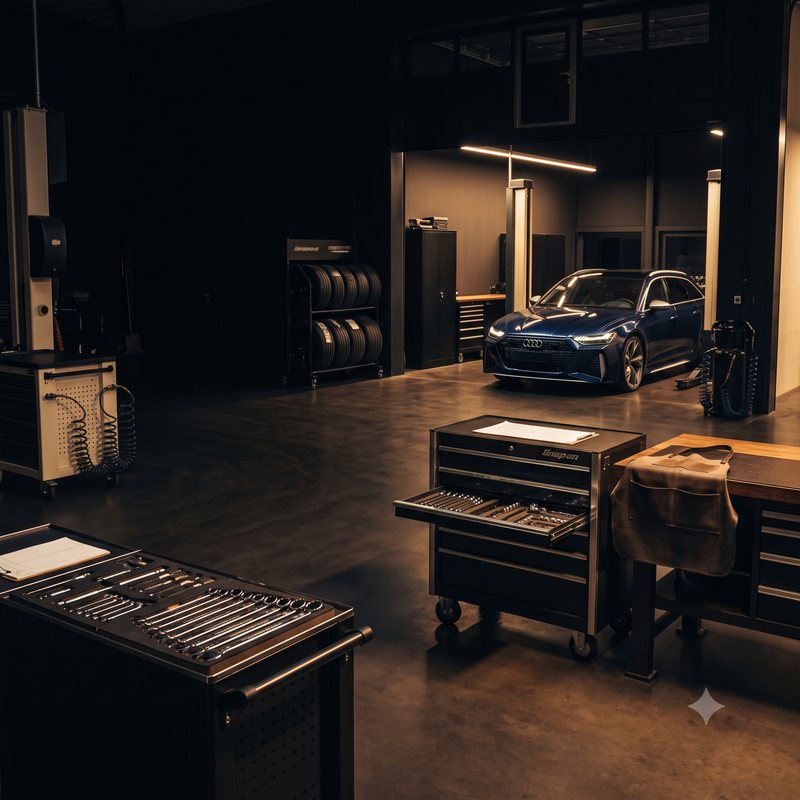 Aufgeräumte Werkstatt mit Audi RS6